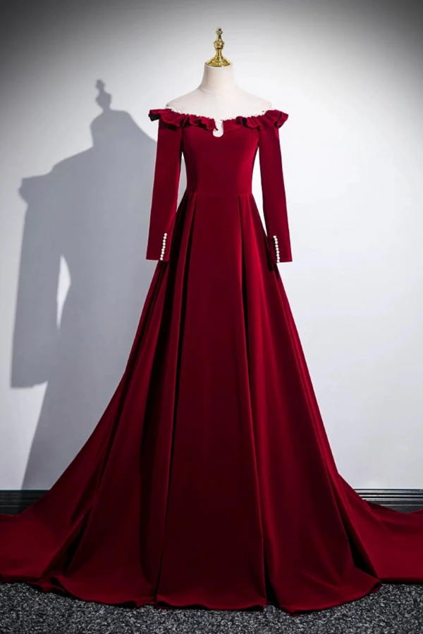A Line Wine Red Velvet Long Sleeves Low Back Prom Dress, Party Dress P –  Promfast