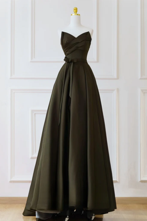 A Line V Neck Satin Olive Green Long Prom Dress, Satin Long Formal Dre   Promfast