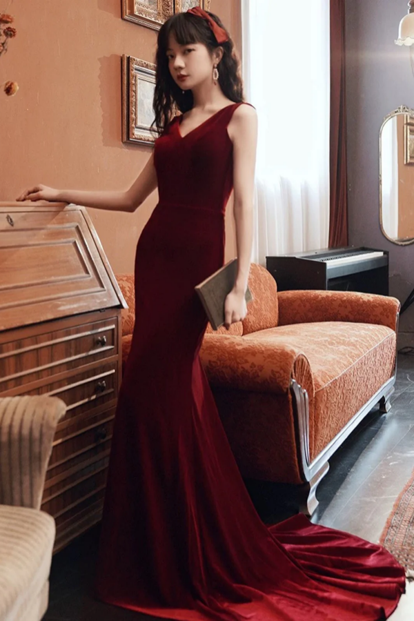 Wine Red Velvet Mermaid V Neckline Party Dress, Wine Red Long Prom Dre –  Promfast