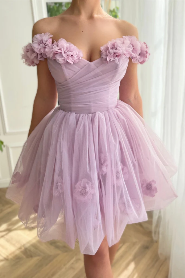 Off the Shoulder Lilac Floral Prom Dress, Off Shoulder Lilac Homecomin –  Promfast