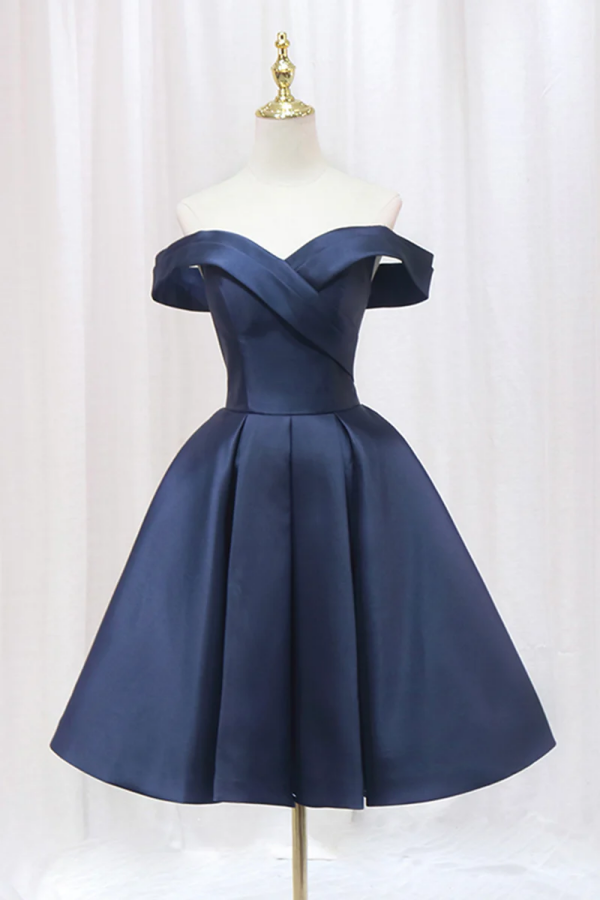 Blue Knee Length Satin Short Prom Dress, Off the Shoulder Blue Homecom –  Promfast