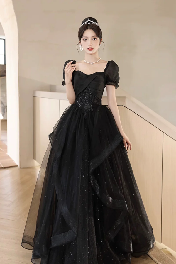 Black Tulle Lace Short Sleeve Floor Length Prom Dress, Black A Line Ev Promfast Black Tulle Lace Short Sleeve Floor Length Prom Dress, Black A Line Ev Promfast