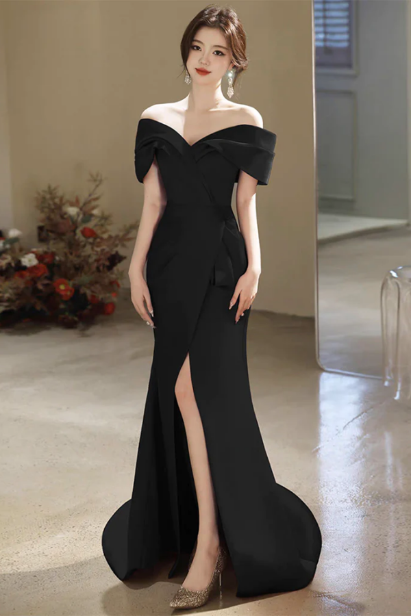Simple Off Shoulder Satin Mermaid Black Long Prom Dress, Black