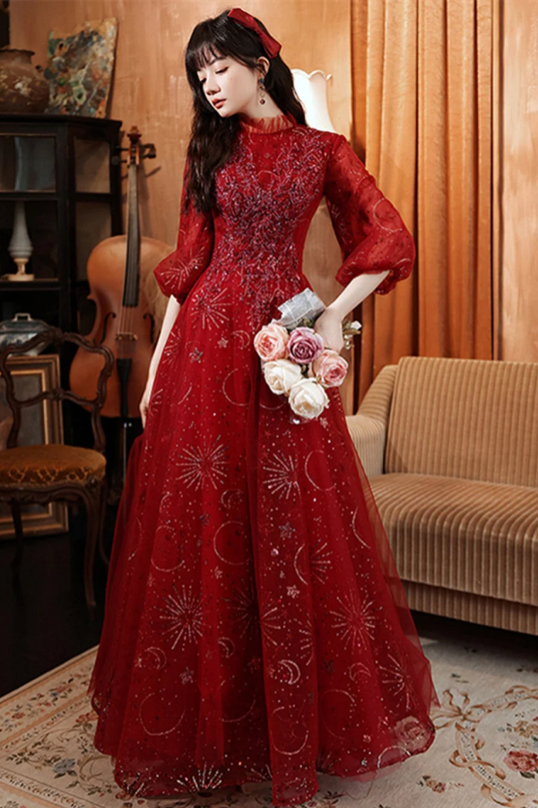 Wine Red Tulle Puffy Sleeves Long Party Dress, Wine Red Long Prom Dres Promfast Wine Red Tulle Puffy Sleeves Long Party Dress, Wine Red Long Prom Dres Promfast