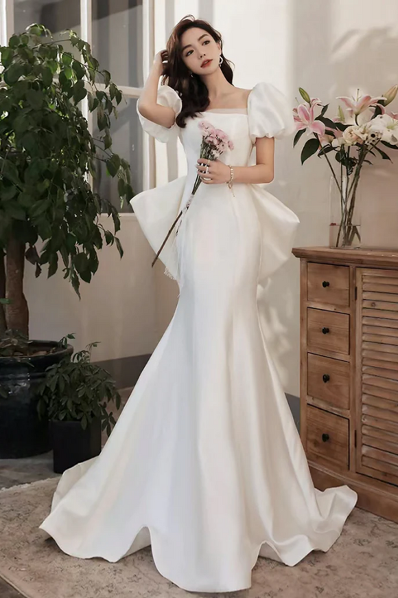 Simple Puff Sleeves Satin Mermaid White Long Prom Dress, White Long Formal Dress PFP2524