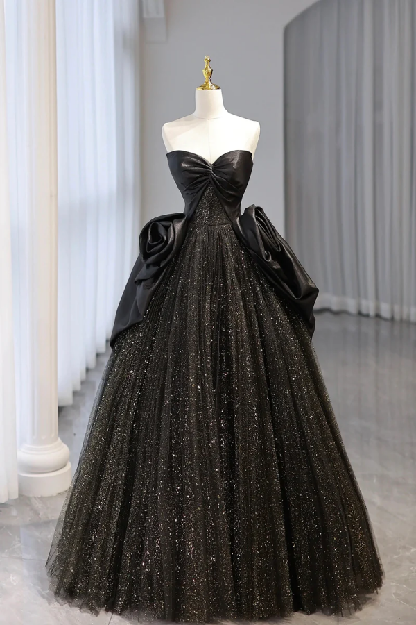 Black Strapless Satin and Tulle Long Prom Dress, Beautiful A Line Even Promfast Black Strapless Satin and Tulle Long Prom Dress, Beautiful A Line Even Promfast
