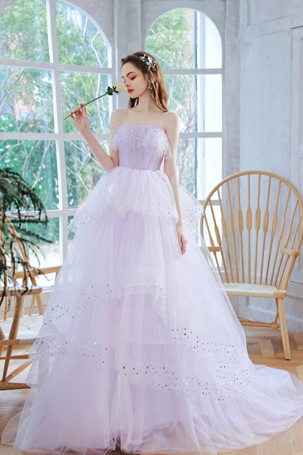 Lavender Tulle Sequins Long Prom Dress, Beautiful Evening Dress Party –  Promfast