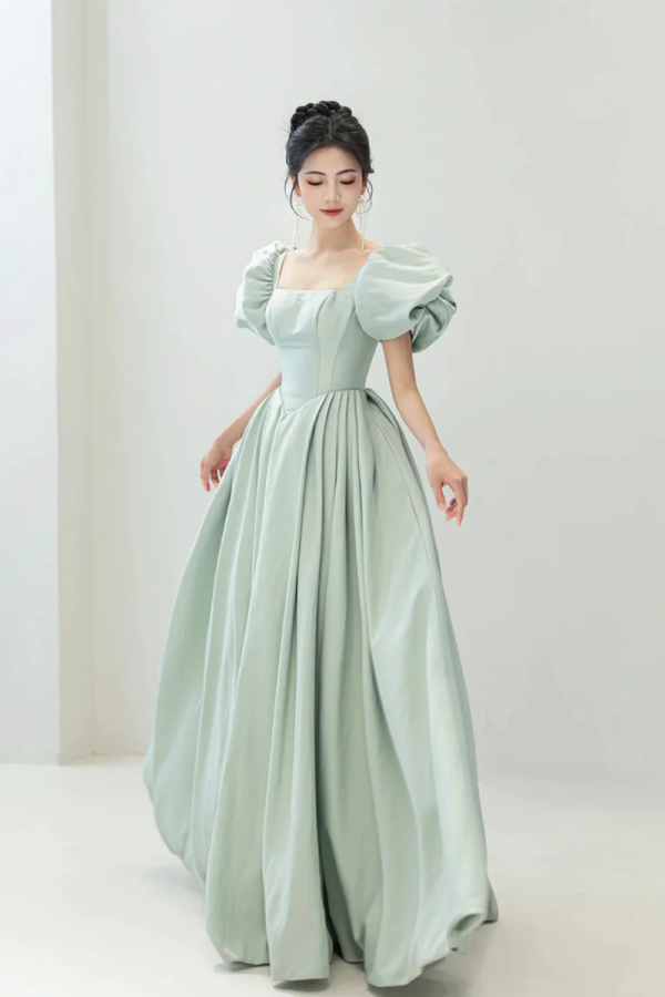 Light Green Satin Long A Line Prom Dress, Cute Short Sleeve Evening Dr –  Promfast