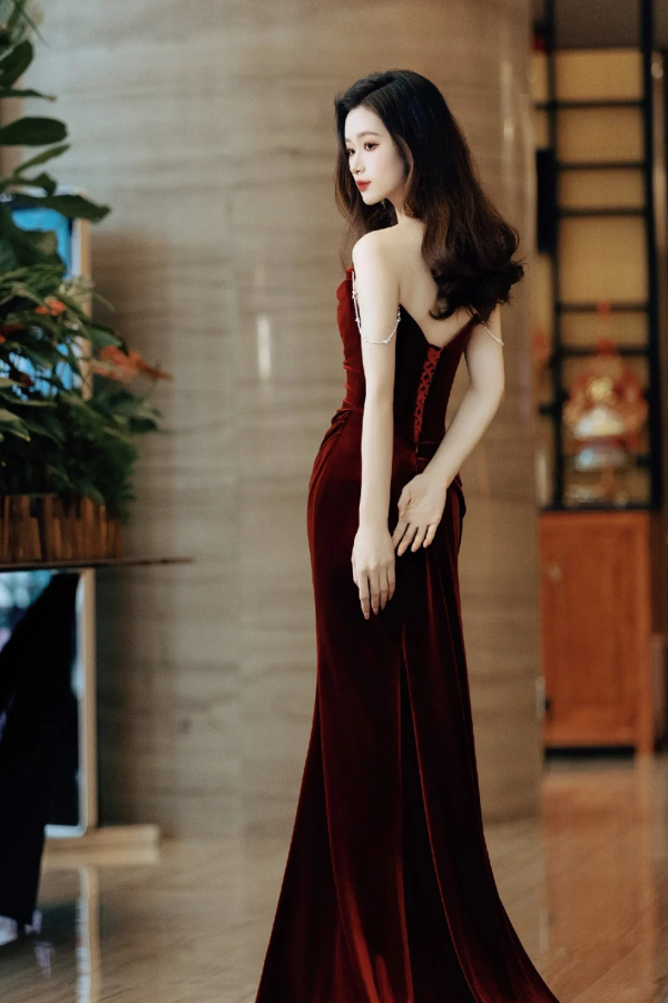 red color party dress Wine Velvet Long Mermaid Wedding Dress, Wine Red Prom PFP2612 EDtest social gatherings including homecoming size:0X Styling Zara Viral Midi