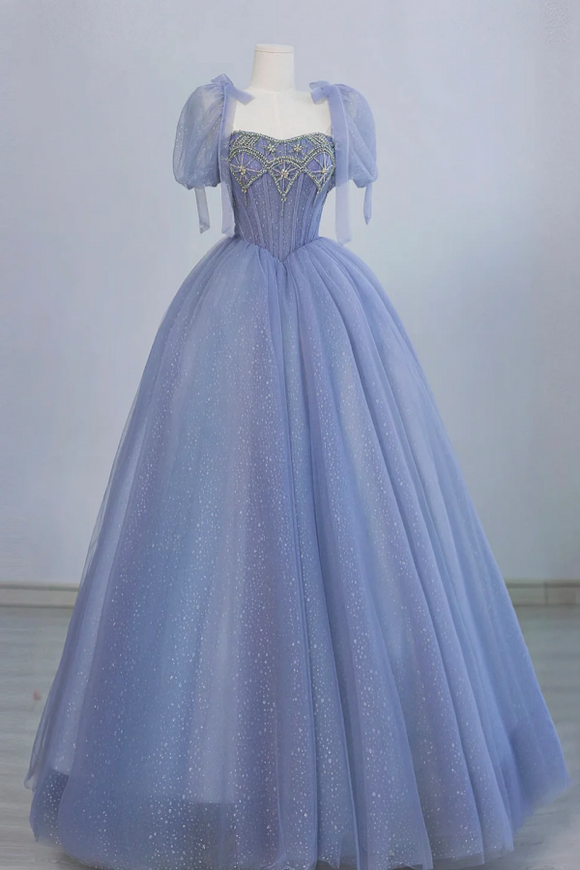 Blue Tulle Beaded Floor Length Prom Dress, A Line Short Sleeve Evening Party Dress PFP2616