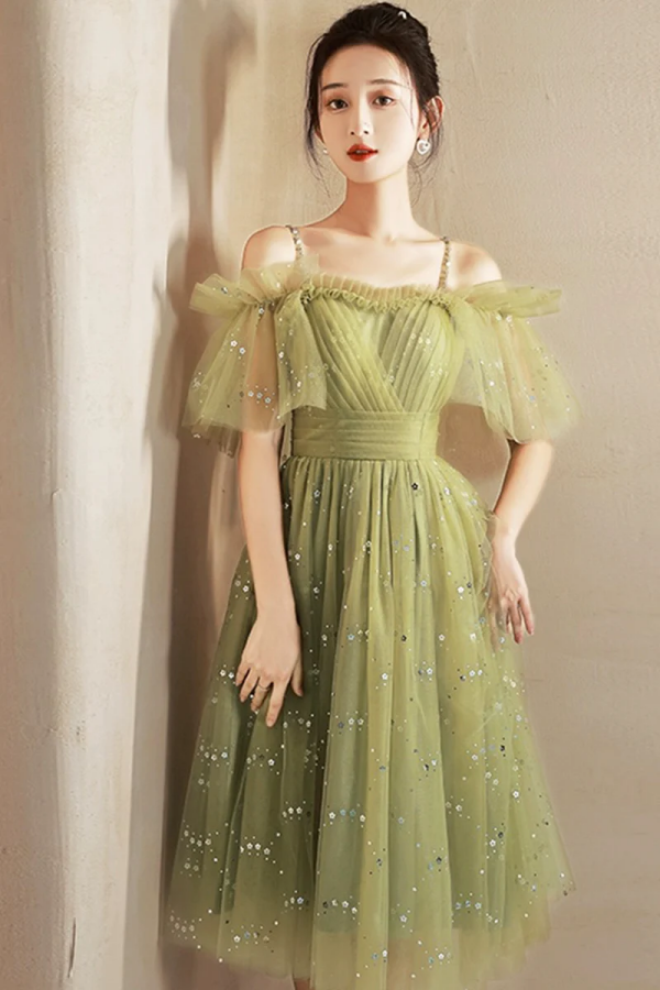 Green Spaghetti Strap Tulle Short Prom Dress, Charming Knee Length A L –  Promfast