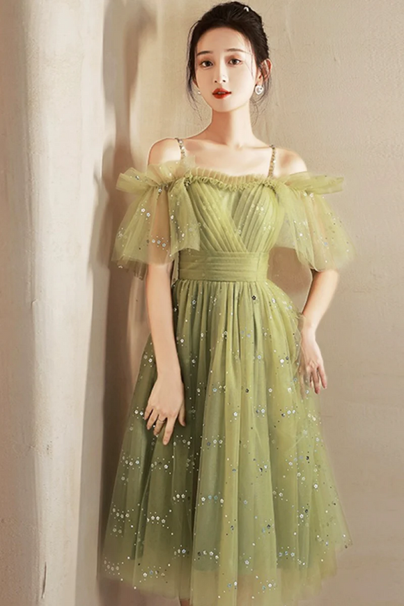 Green Spaghetti Strap Tulle Short Prom Dress, Charming Knee Length A Line Party Dress PFP2619
