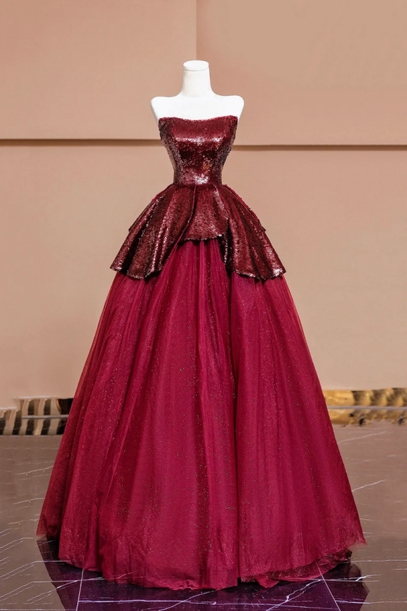 Burgundy Tulle Sequins Long Prom Dress, A Line Strapless Evening Party Dress PFP2620