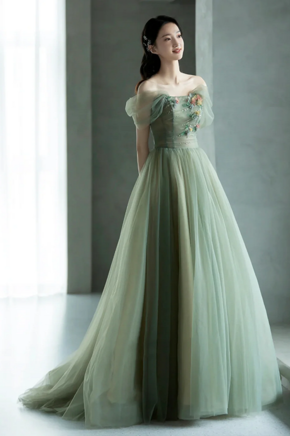 Green Tulle Long Prom Dress, Lovely A Line Off the Shoulder Evening Party Dress PFP2621