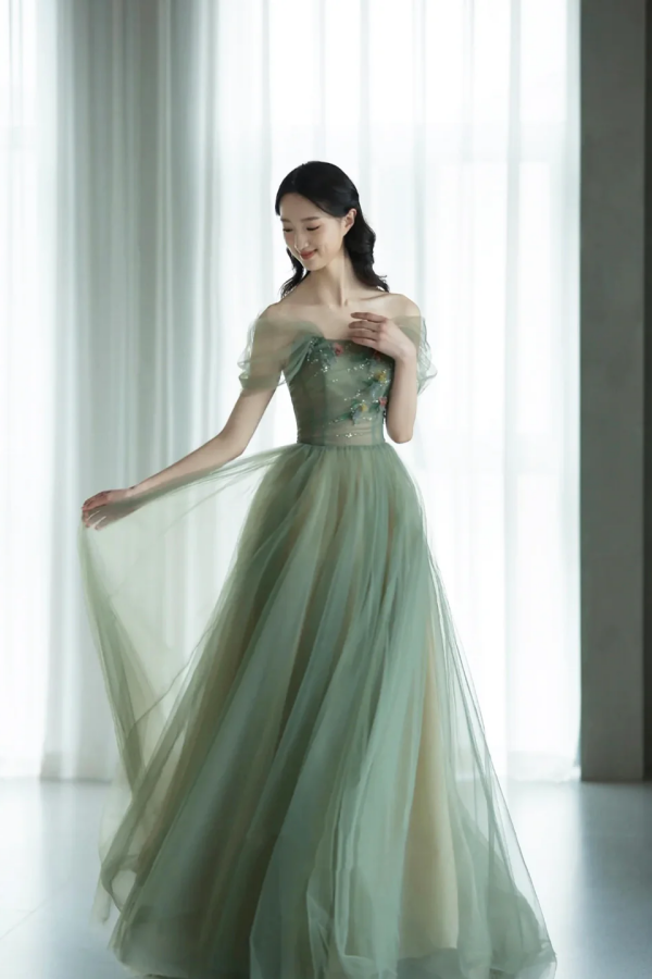 fitted lace wedding dress Green Tulle Lace Long Prom Dresses, A-Line Formal Evening Dresses Custom Size / Custom Color main image 1