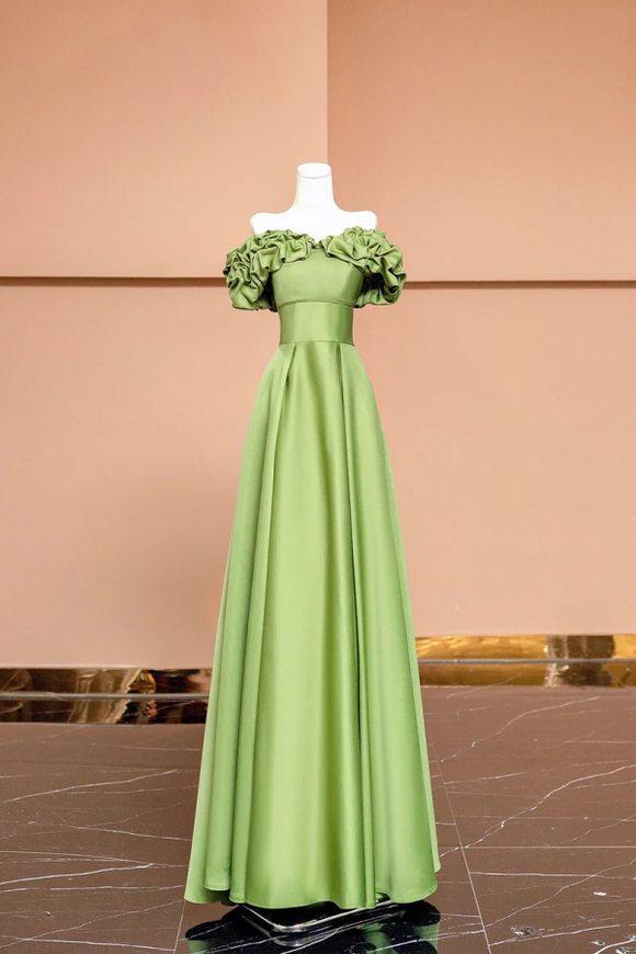 Green Satin Floor Length Prom Dress, Off the Shoulder Evening Party Dress PFP2622