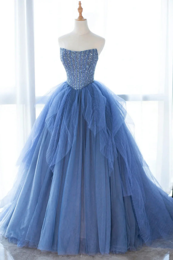 Blue Strapless Tulle Sequins Long Prom Dress, Beautiful A Line Formal Party Dress PFP2626