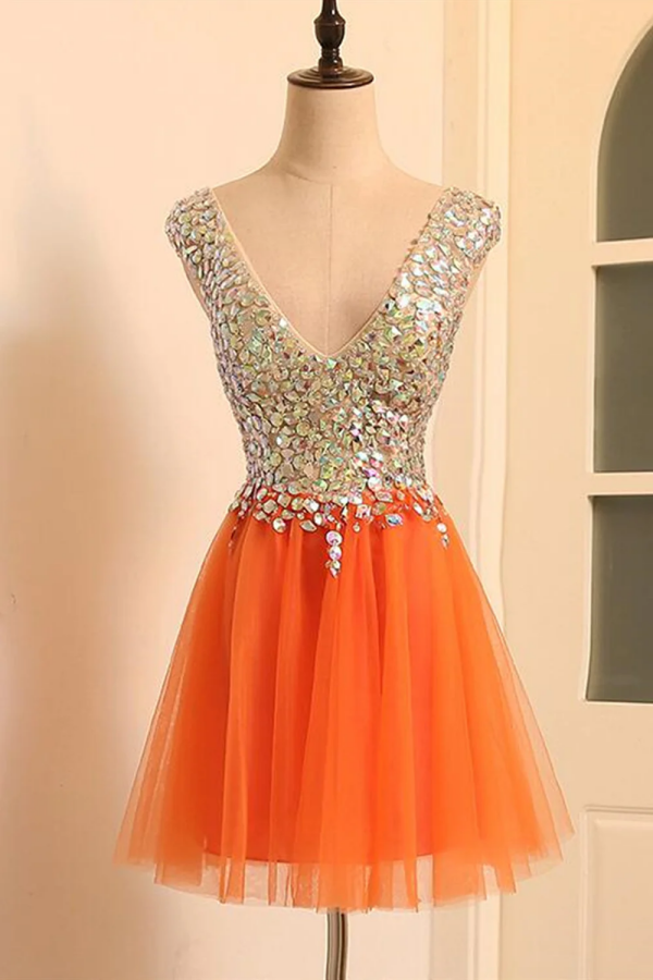 Gorgeous V Neck Open Back Orange Short Prom Homecoming Dresses, Short Promfast Gorgeous V Neck Open Back Orange Short Prom Homecoming Dresses, Short Promfast