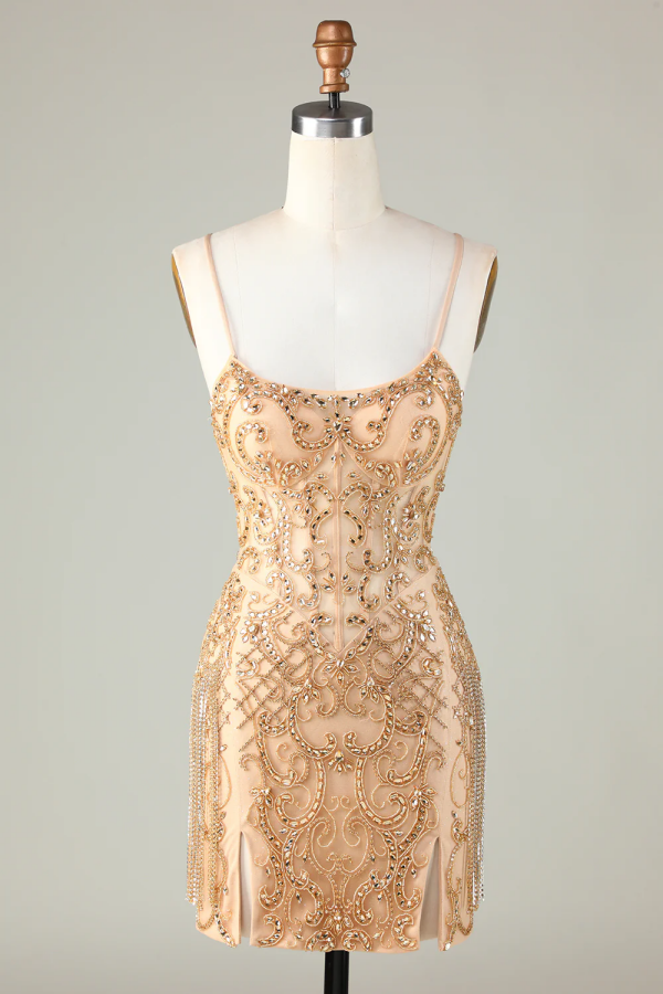 Spaghetti Straps Tight Glitter Golden Homecoming Dress With Beading PF   Promfast