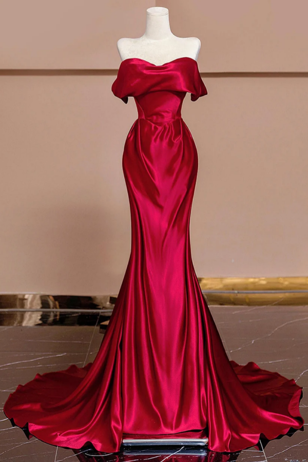 Wine Red Satin Off Shoulder Evening Dress, Wine Red Long Party Dress P –  Promfast
