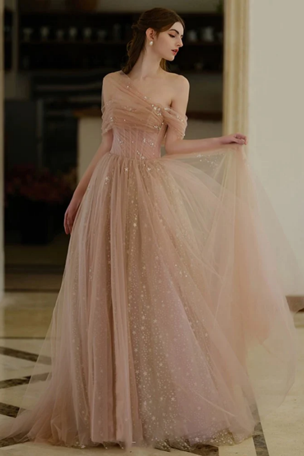 black semi formal dress for women A Line Off Shoulder Tulle Champagne Long Prom Dress, Long Formal Dress –  Promfast