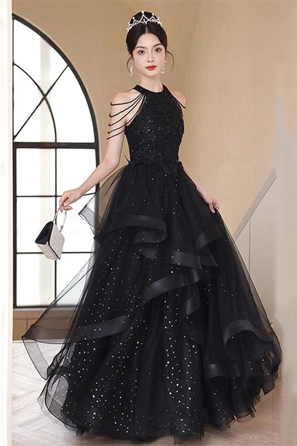 Black Halter Tulle Layers Long Formal Dress, Black Tulle Prom Dress PF – Promfast