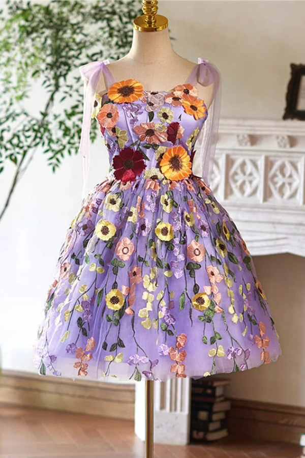 Cute Lace Flowers Short Homecoming Dress, Purple Short Prom Dress PFH0 –  Promfast