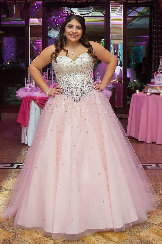 Princess Pink Sweetheart Strapless Tulle Ball Gown Beading Long Plus Size Prom Dress