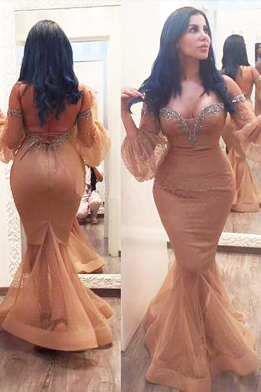 Sexy Mermaid Sweetheart 3/4 Sleeve Long Plus Size Prom Dress With Beads