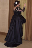 Black Long Sleeves Lace A Line High Low Plus Size Prom Dress PFP0826