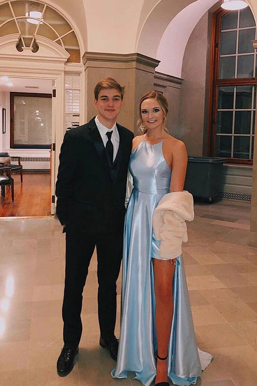 Promfast Light Blue Satin Split Long Simple Prom Dress Formal Party Dr
