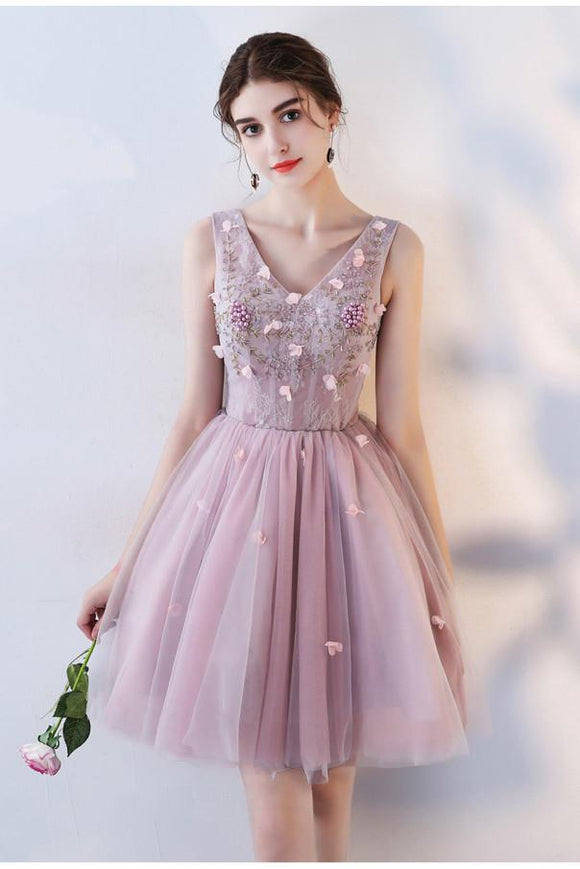Pink A Line V Neck Flowers Short Homecoming Dresses,Mini School Dress PFH0098