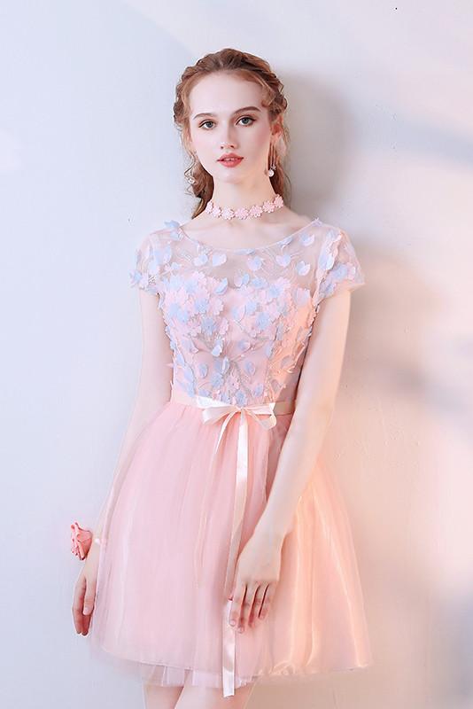 Pink A Line Tulle Cap Sleeves Short Homecoming Dresses With Flowers PFH0101