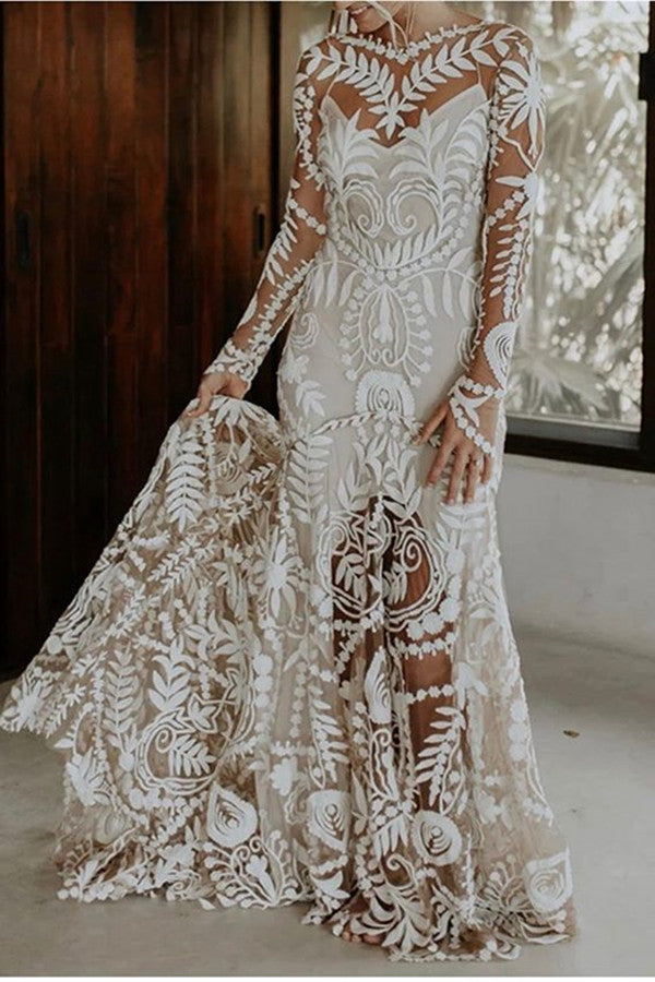 Promfast See through white appliqu print wedding dress, Nude slip und Promfast See through white appliqu print wedding dress, Nude slip und