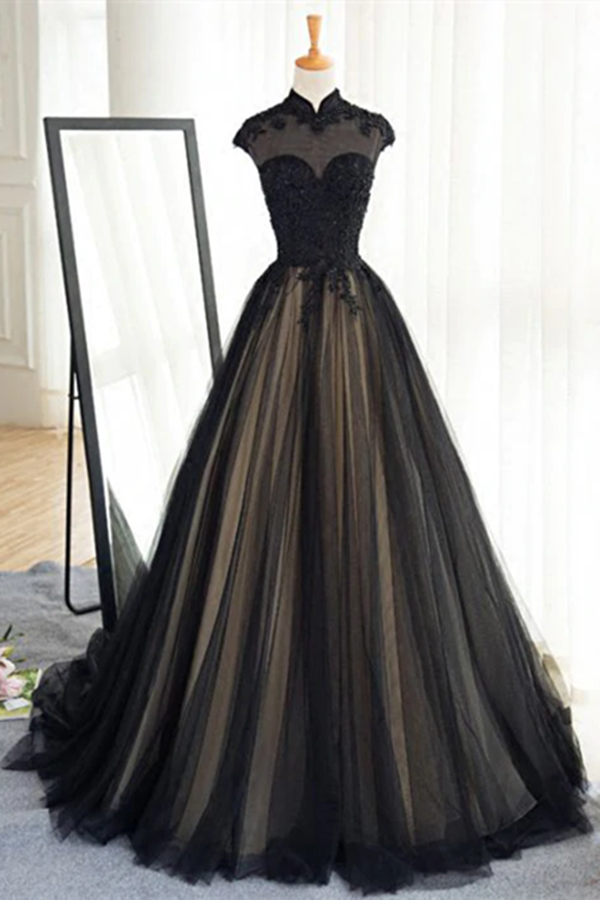 Promfast Chic A line High Neck Black Tulle Floor Length Modest Prom Dr Promfast Chic A line High Neck Black Tulle Floor Length Modest Prom Dr