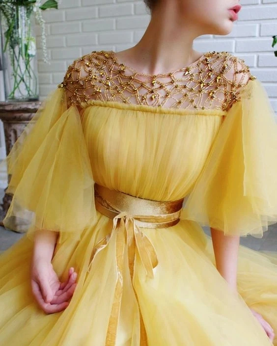 Promfast Modest Yellow Short Sleeves Long Prom Dresses A Line Tulle Ev