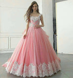 Pink Ball Gown Appliqued A Line Long Prom Dress,Pretty Quinceanera Dress PFP0930