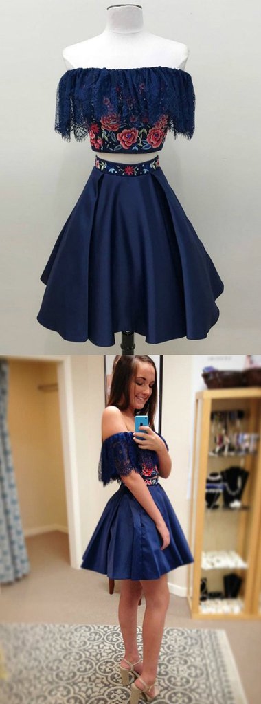 3 4 sleeve homecoming dresses Two Piece Off the Shoulder Floral Satin Dark Blue Homecoming Dresses P –  Promfast