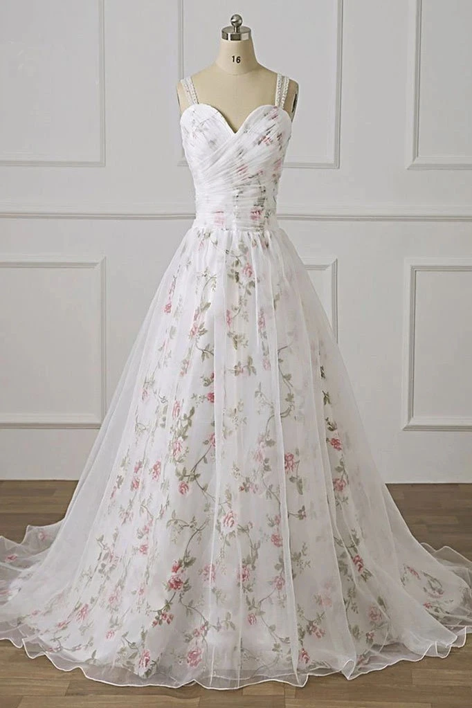 Promfast A Line Floral Appliques Pleated Off White Prom Dresses Evenin