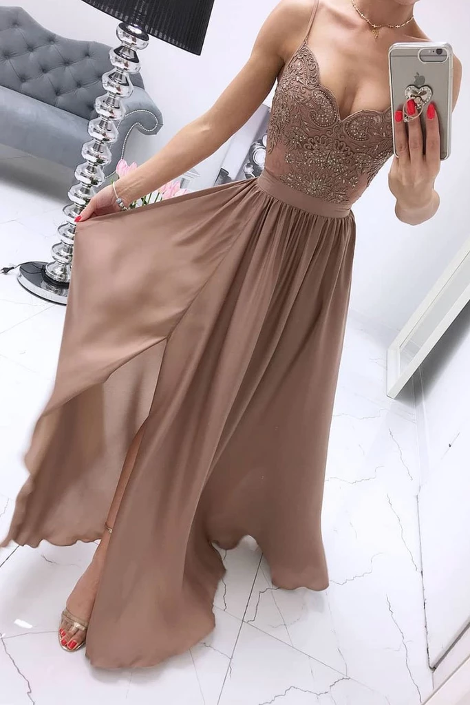 Pretty A Line Strapless Chiffon Layer Slit Long Prom Dress,Formal Dress main image 0