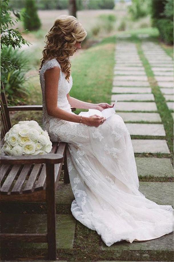 Modest Lace Wedding Dresses with Appliques,Cap Sleeves Open Back Weddi –  Promfast