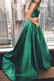 Plus Size Two Pieces Green Satin Long A-line Cheap Simple Modest Prom Dresses For Teens PFP1031