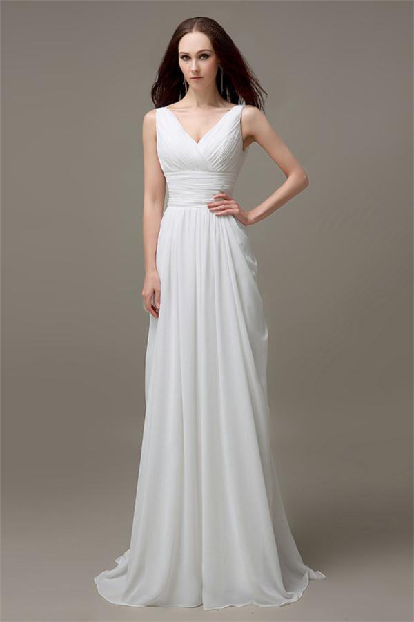 V-neck White Open Back Chiffon Long Simple Plus Size Beach Wedding Dre   Promfast