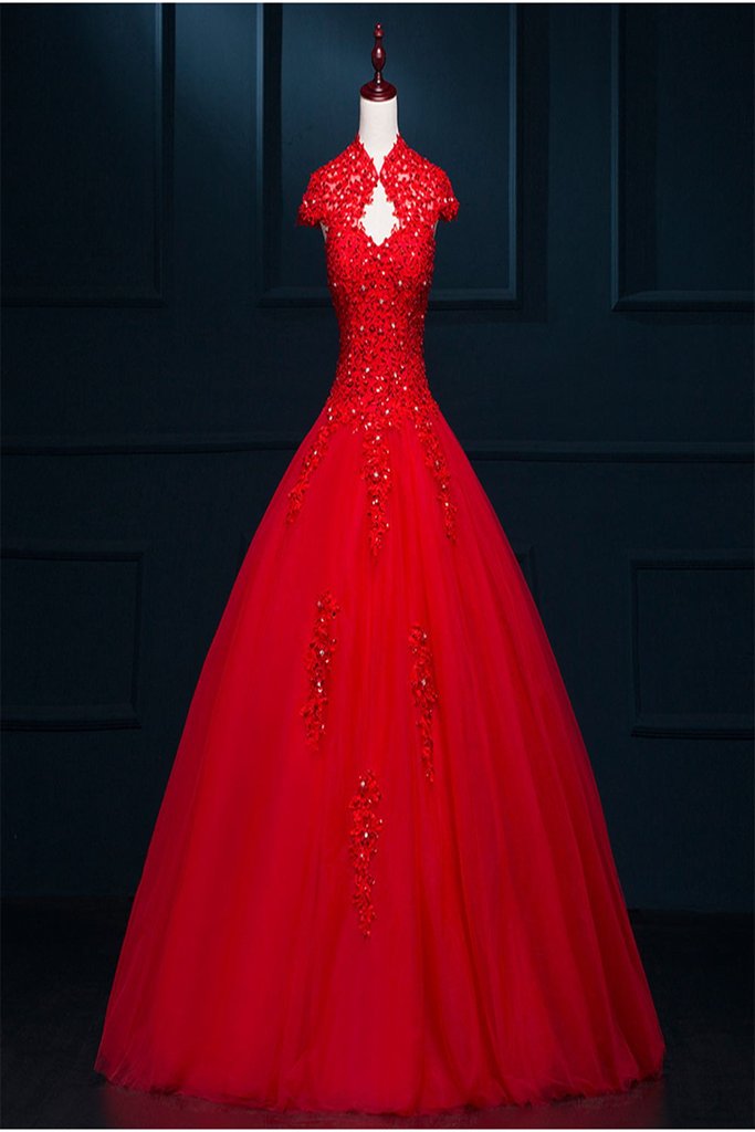 Pretty Red Modest Lace Long Puffy Short Sleeves Wedding Dresses PFW028 Promfast Pretty Red Modest Lace Long Puffy Short Sleeves Wedding Dresses PFW028 Promfast