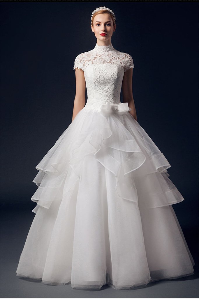 Charming High Neck Short Sleeves Lace Puffy Wedding Dresses PFW0287 –  Promfast
