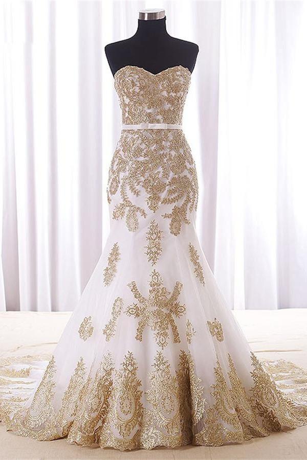 Sweep Train Mermaid Strapless White Long Prom Dresses With Gold Lace P Promfast Sweep Train Mermaid Strapless White Long Prom Dresses With Gold Lace P Promfast