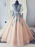 V-neck Blue Lace Ball Gown Long Tulle Evening Dresses,Cheap Prom Dress PFP0011
