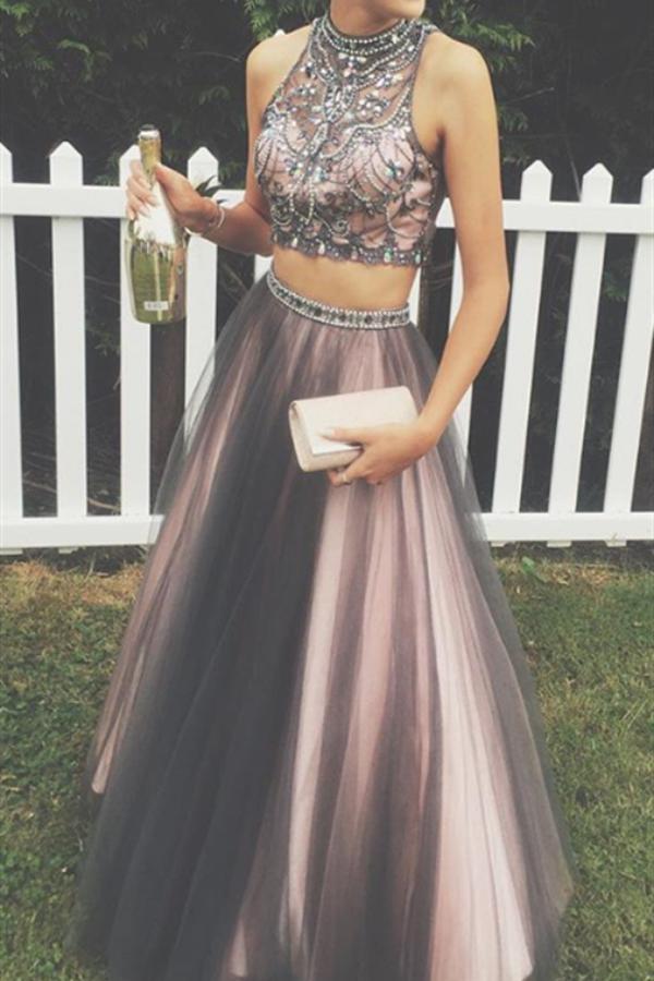 Lovely Two Pieces Colorful Beading A-line Long Handmade Prom Dresses P – Promfast Lovely Two Pieces Colorful Beading A-line Long Handmade Prom Dresses P – Promfast