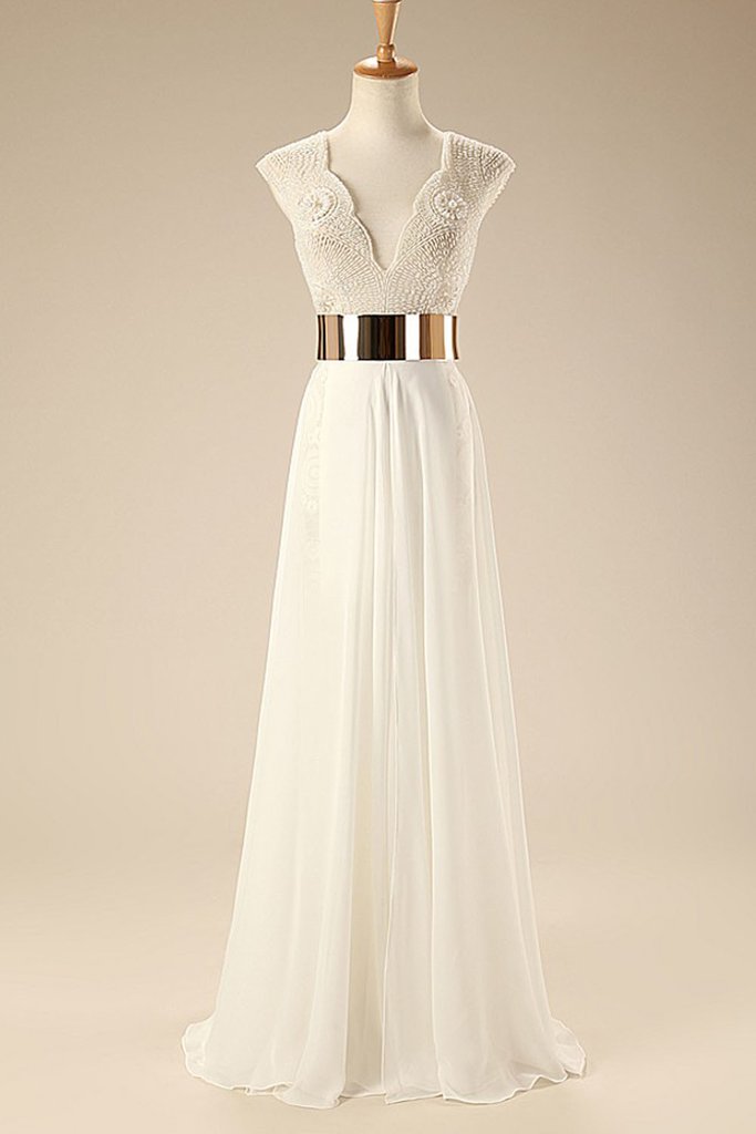 Deep V Neck Cap Sleeves White Chiffon Gold Belt Summer Beach Wedding D Promfast Deep V Neck Cap Sleeves White Chiffon Gold Belt Summer Beach Wedding D Promfast