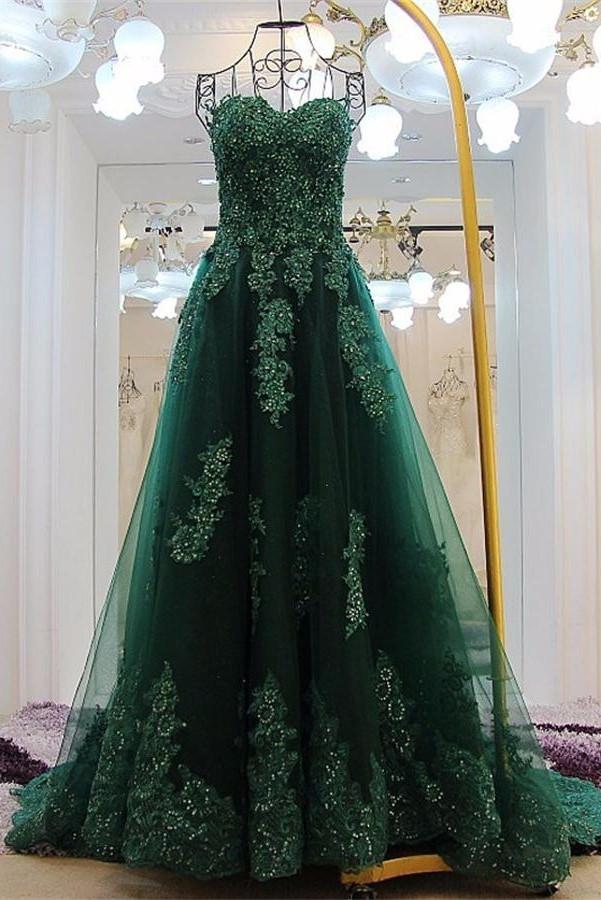 Sweetheart Lace Beading Long Green A-line Modest Prom Dresses PFP1093 –  Promfast
